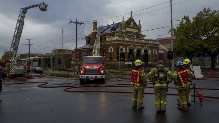 About 50 firefighters helped fight the blaze at the old Moonee Ponds courthouse. Photo: Jesse Marlow 
