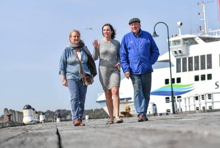 Catherine O'Byrne (centre) with her mother Nola Siemering and step-Dad Don Siemering, they are not happy with the Sorrento ferry terminal redevelopment. 20th September 2017. The Age Fairfaxmedia News Picture by JOE ARMAO