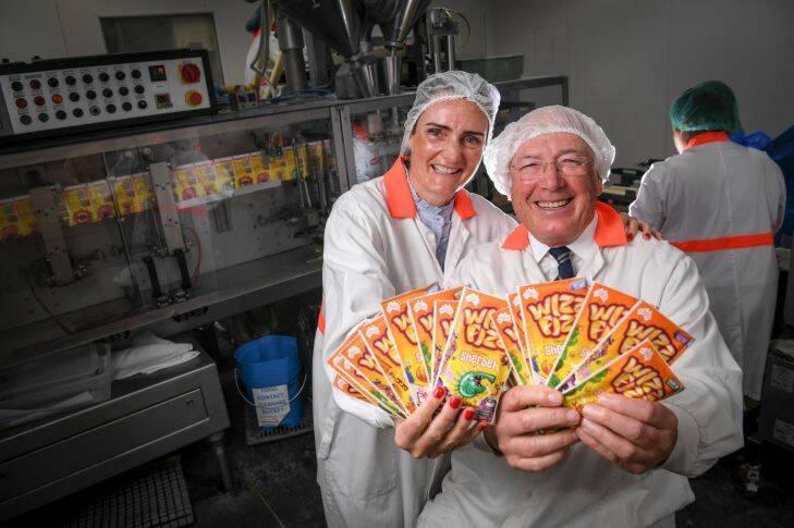 Terry Campbell and daughter Anna Campbell runs the lolly company, Fyna Foods in Hallam. 16 October 2017. The Age News. Photo: Eddie Jim. (Portrait of Arthur Campbell, founder of this company)