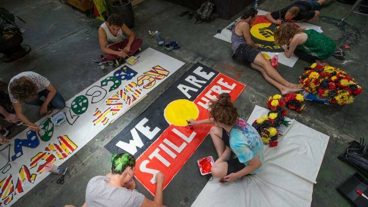 Activists prepare for Invasion Day in Collingwood. Photo: Jason South