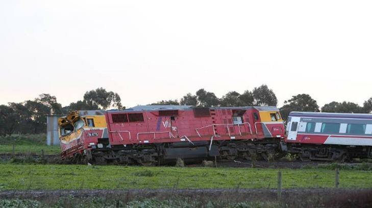 The damaged train off its tracks at Pirron Yallock.  Photo: Amy Paton
