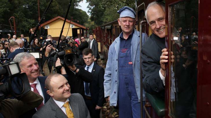 Prime Minister Malcolm Turnbull met steam locomotive driver Lindsay Rickard after he travelled on the Puffing Billy railway to Lakeside near Emerald on Wednesday. Photo: Andrew Meares