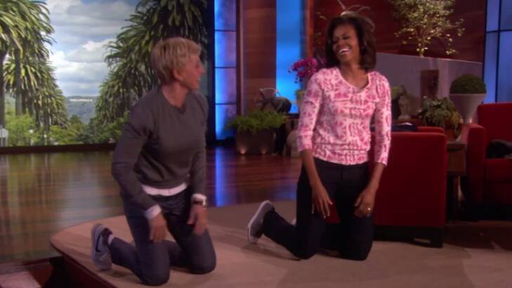 Ellen DeGeneres and Michelle Obama participated in a push up competition in 2012. Photo: YouTube