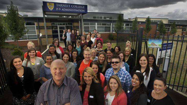 Principal Peter Devereux and 35 of the new teachers set to start the year at Tarneit P-9. Photo: Simon O'Dwyer