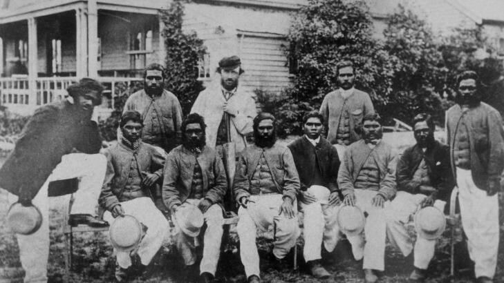 The 1868 Aboriginal cricket team that toured England. Tom Wills is in the back row, centre, in the white jacket. Photo: Aaaron Sawall