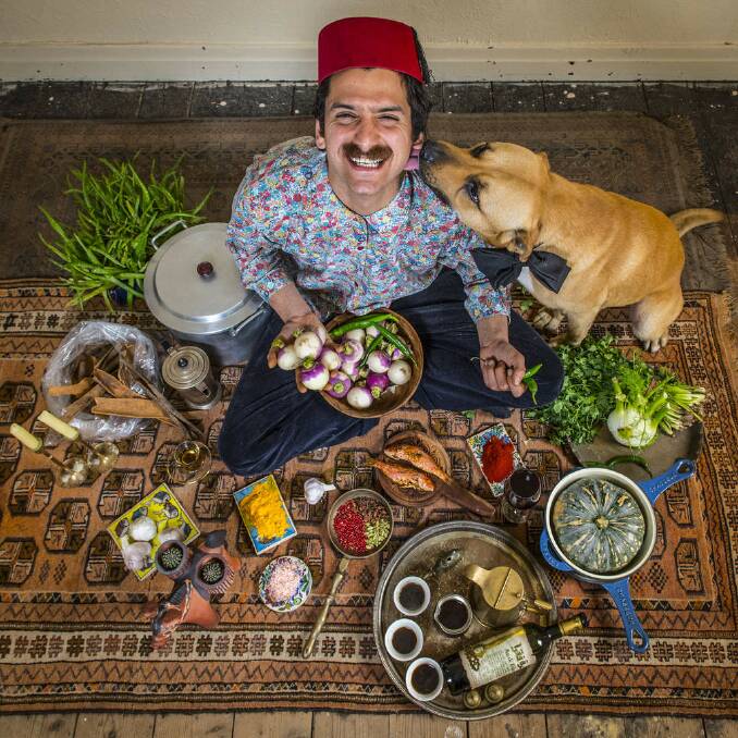 FINALIST: "A Mad Hatter's tea party on a Persian carpet. Food, hospitality and culture coming together in a feast of fun with Jad Choucair from Mankoushe in Brunswick, Victoria. In this portrait of my friend and chef I wanted to celebrate his infectious enthusiasm not only for authentic Lebanese cuisine but also for his friends, dogs and Middle Eastern culture." Photo: Phoebe Powell
