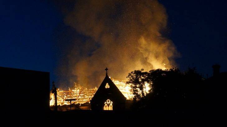 St James Church in flames. Photo: Trevor.