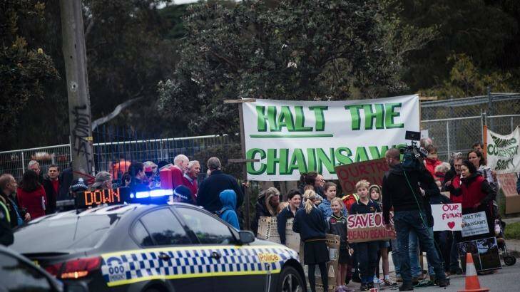 Protesters outside Beaumaris Secondary College on Monday. Photo: Josh Robenstone