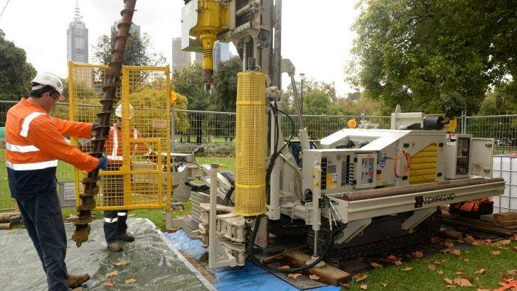 Test drilling begins in gardens off St Kilda Road for the Melbourne Metro rail project.  Photo: Penny Stephens