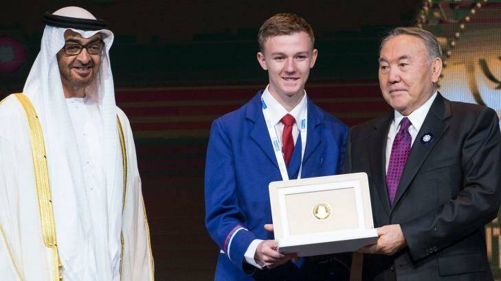 Toby Thorpe, shares the stage with Sheikh Mohamed bin Zayed Al Nahyan, Crown Prince of Abu Dhabi (left) and Nursultan Nazarbayev, President of Kazakhstan. Photo: Supplied