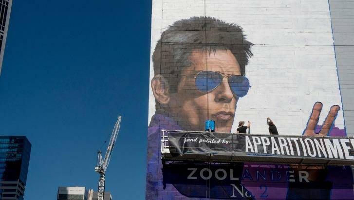 A hand-painted mural of the actor Ben Stiller promoting the new movie Zoolander 2 on February 5 in Melbourne Photo: Jesse Marlow