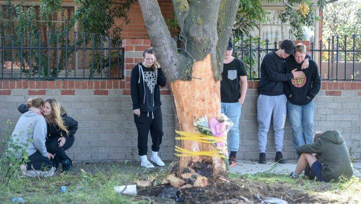 Friends and family gather at the tree which the car struck. Photo: Justin McManus