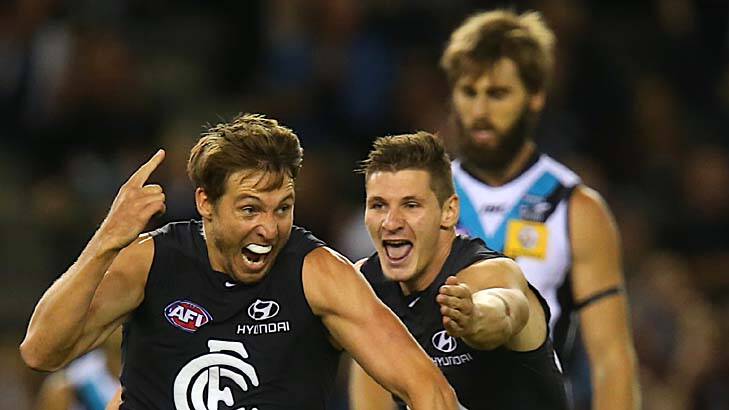 Dale Thomas celebrates his first goal for Carlton, scored against Port Adelaide back in March. Photo: Pat Scala 