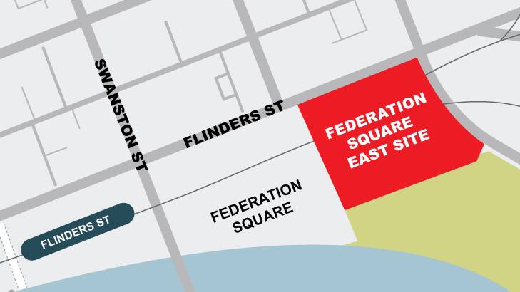 The Federation Square East development will be built over Flinders Street's rail yards.