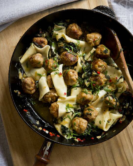 Frank Camorra's pappardelle with black cabbage and meatballs <a href="http://www.goodfood.com.au/good-food/cook/recipe/pappardelle-with-black-cabbage-and-meatballs-20140505-37r5q.html"><b>(recipe here). Photo: Marcel Aucar