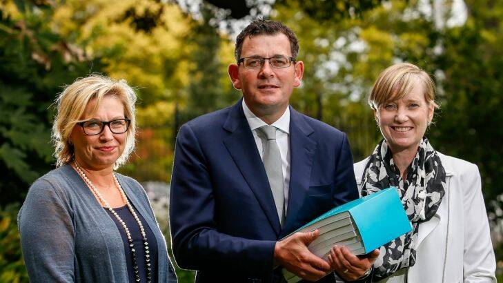 Release of the report by the Royal Commission into Family Violence at the Parliament House. 30 March 2016. The Age NEWS. Photo: Eddie Jim. (Rosie Batty, Premier Daniel Andrews and Fiona Richardson,Minister for the Prevention of Family Violence)