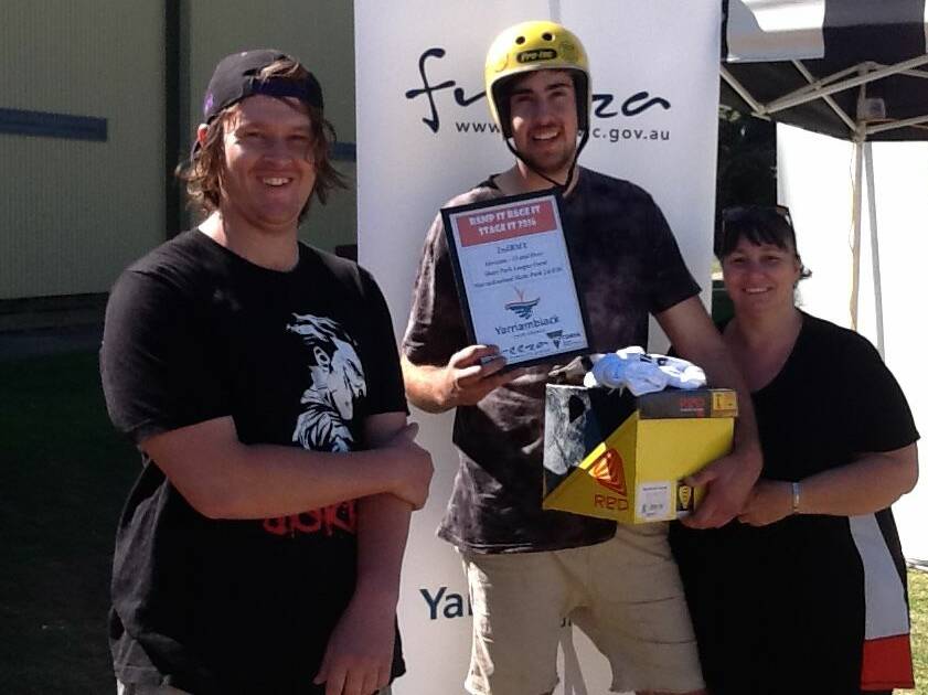 WINNER: Adam McCombe accepts the BMX event first prize from Yarriambiack Shire Cr Kylie Zanker and Youth Action Councillor Aiden Ciemcioch.