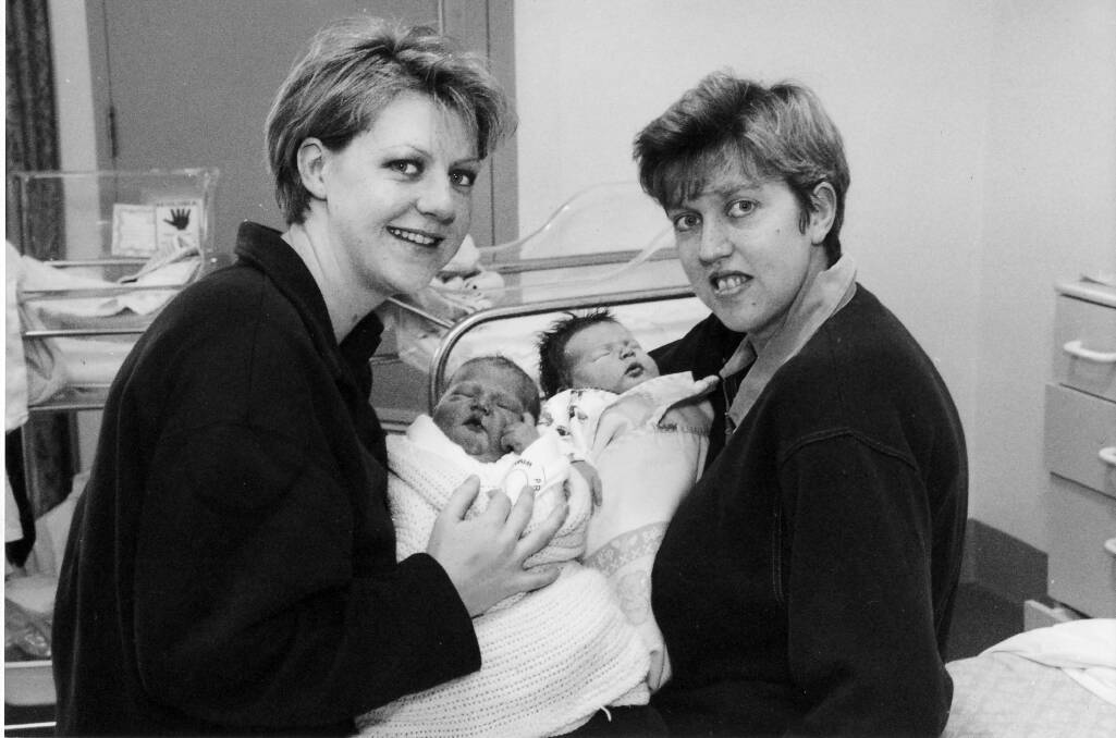 NEWBORNS: Andrea Jorgensen, Porsha Jorgensen, Bec Clough and Sharon Clough, 18 years ago. Picture: PAUL CARRACHER 