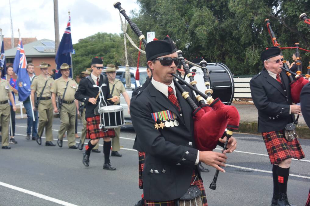 MARCH: A bagpipe player with the Horsham City Pipe band in Rupanyup as they marched to Memorial Hall. Pictures: SOPHIE BOYD