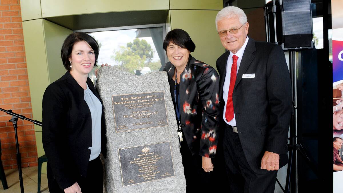 BETTER DAYS: Emma Kealy, Rural Northwest Health chief executive Catherine Morley and chairman Leo Casey at the opening of stage two works at the Warracknabeal health campus. Picture: SAMANTHA CAMARRI