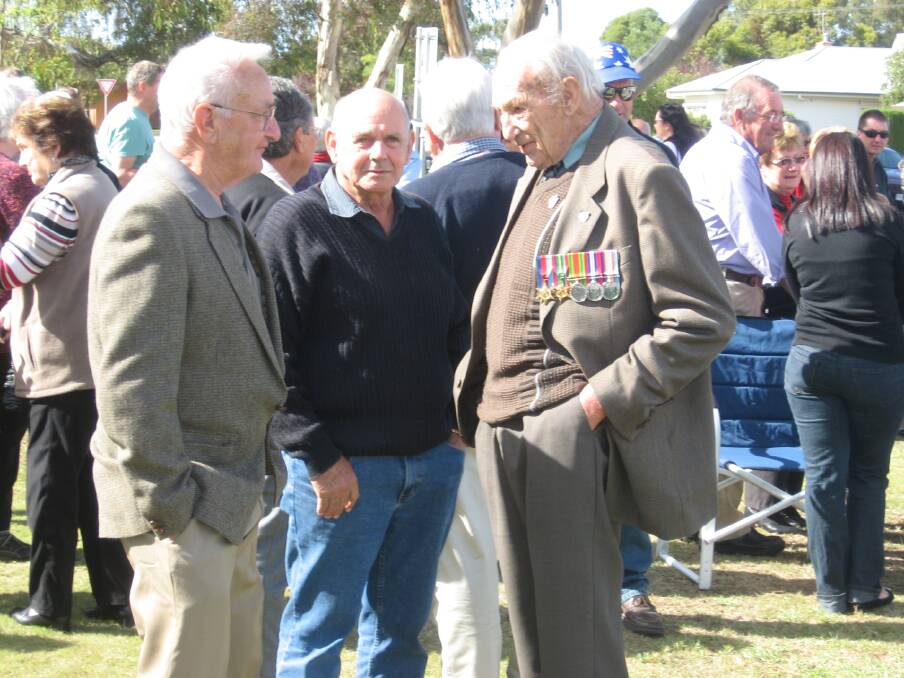 Bob Mills, Roger Jolly and Jack Mills at Kaniva's Anzac Day service. Picture: ERIN McFADDEN