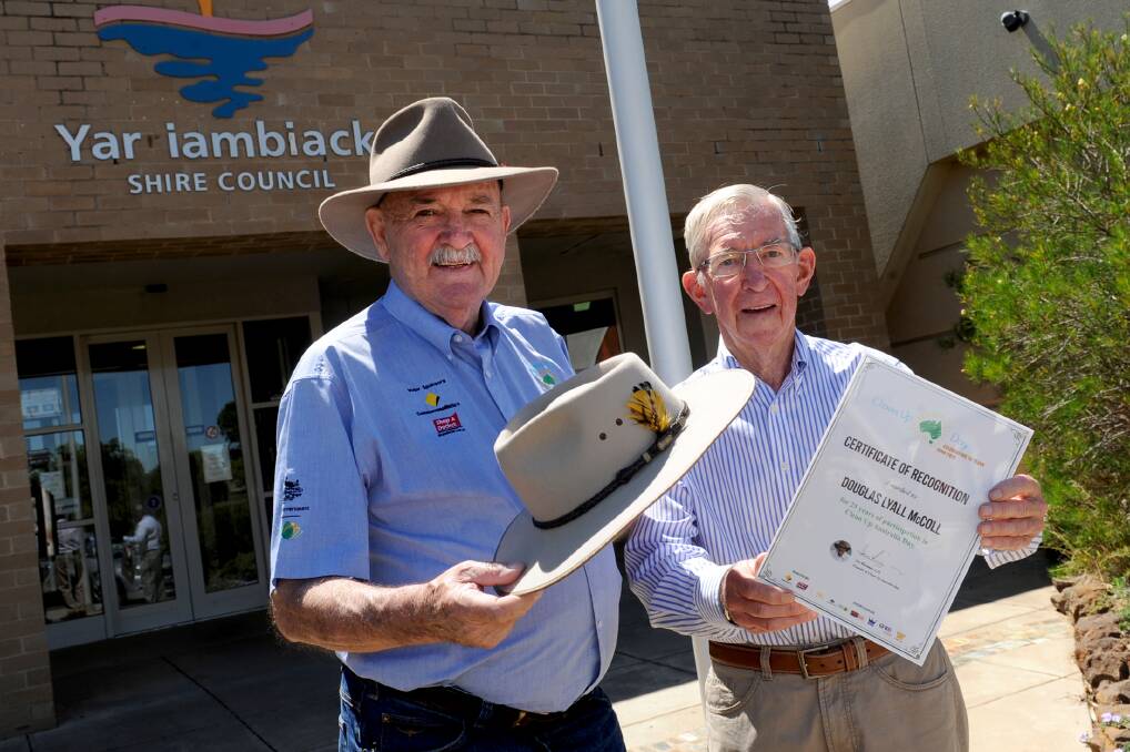 AMBASSADOR: Clean Up Australia Day founder Ian Kiernan presents Warracknabeal resident Doug McColl with an Akubra and a certificate of recognition for his ongoing participating in Clean Up Australia Day. Picture: SAMANTHA CAMARRI