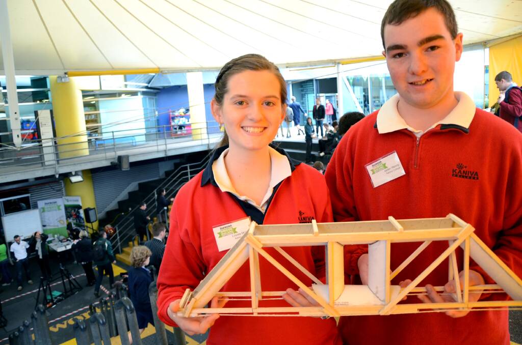 WINNERS: Kaniva College students Louise Hobbs and Jaden Hendy won $1500 for their school at the Aurecon international bridge building competition. Picture: CONTRIBUTED