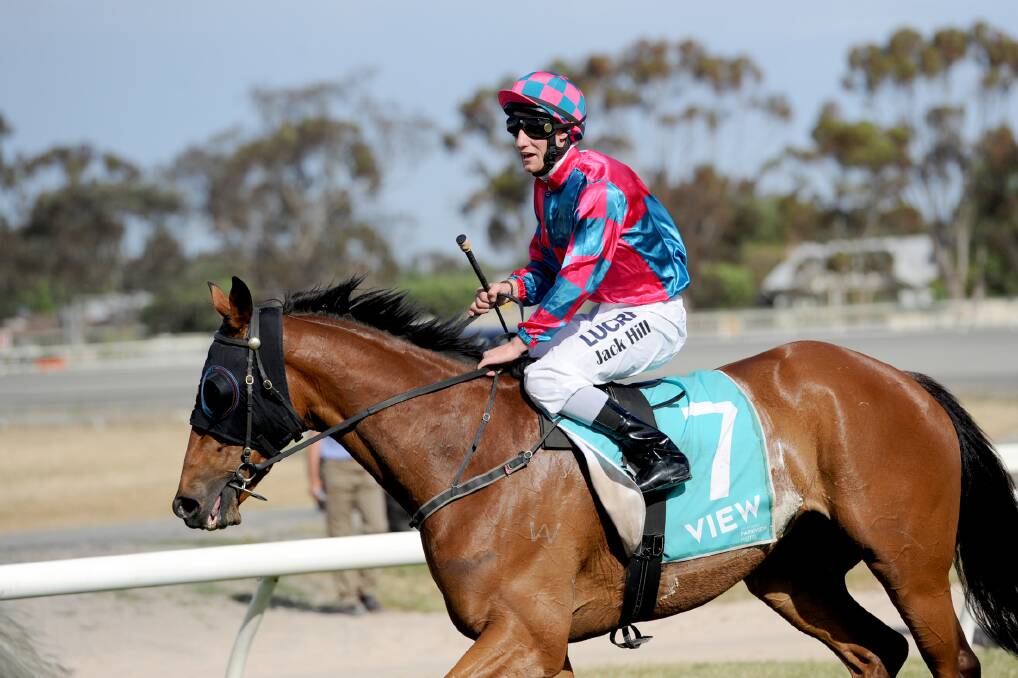 Jack Hill, pictured winning the 2014 Horsham Cup, is in a serious condition at The Alfred hospital after falling from a horse at Donald on Sunday.