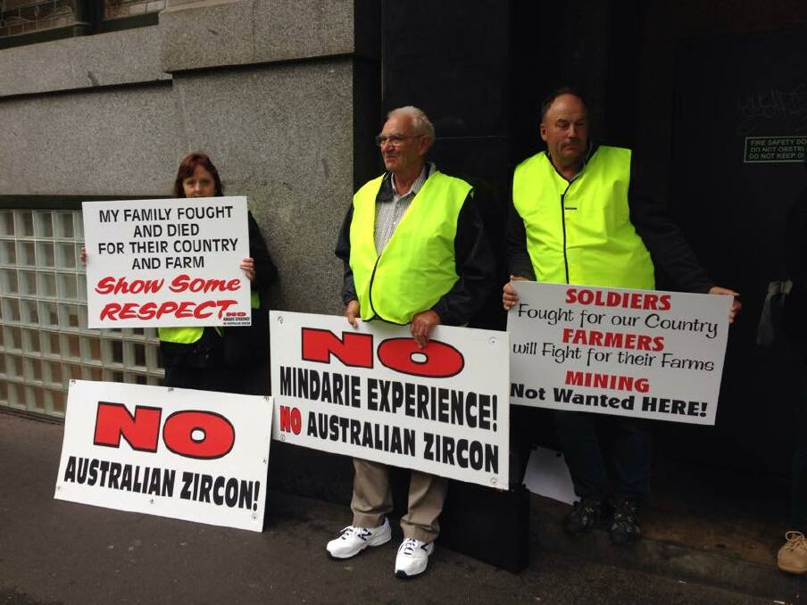 St Helens Plains residents Marita Punchard, Keith Brennan and Bruce Punchard protest in Melbourne against Australian Zircon's WIM150 Mineral Sands Project.