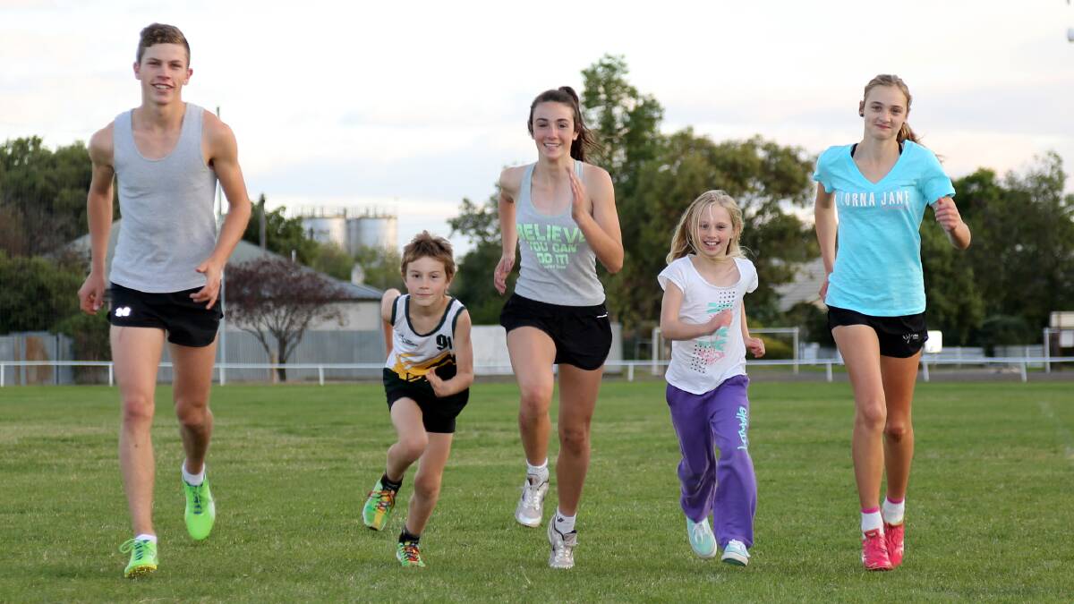 RUNNING TO STAWELL: From left, Duncan Cameron, 17, Jordan Nitschke, eight, Anna Bush, 14, Millie Kuhne, eight, and Remi Kuhne, 14, will be among nine junior Wimmera athletes competing at the Stawell Gift this weekend. Picture: THEA PETRASS