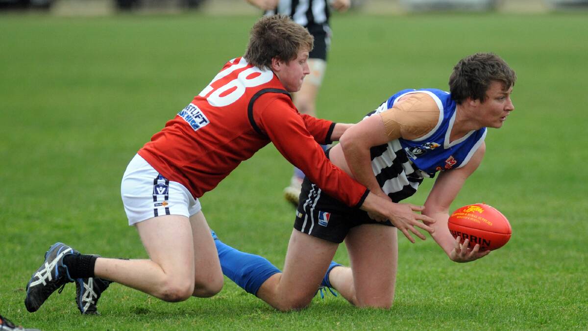 Stawell's Jamie Bach tackles Brayden Ison during a 2013 encounter. Picture: PAUL CARRACHER
