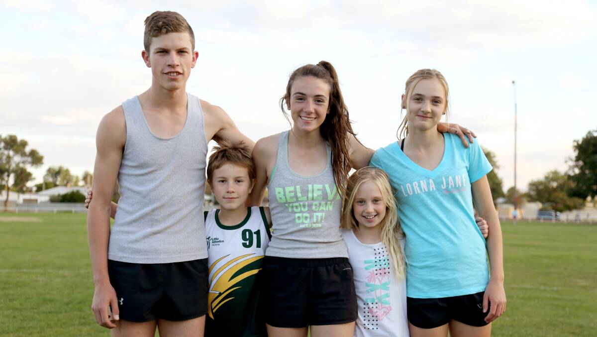 READY: Runners Duncan Cameron 17, Jordan Nitschke 8, Anna Bush 14, Millie Kuhne 8 and Remi Kuhne 14 will be running at this year's Stawell Gift meeting. Picture: THEA PETRASS