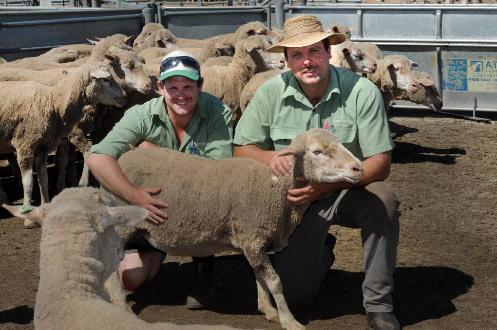 MOVEMBER PROJECT: Landmark stock agents Nev Routley and Matt McDonald will donate their commission from a pen of lambs to The Wimmera's Movember Project. Picture: PAUL CARRACHER