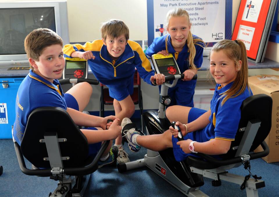 POWERED: Holy Trinity Lutheran School RACV challenge members, from left, Bailey Driller, Cooper Walter, Rachel Maroske and Jemma Nagorcka prepare for the event. Picture: PAUL CARRACHER