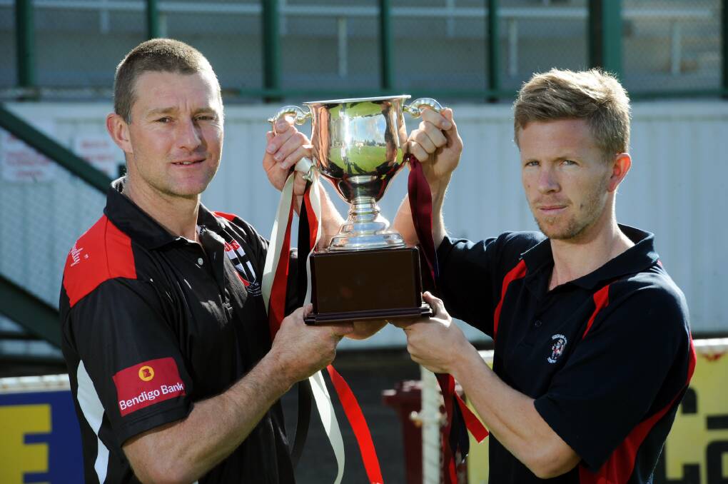 GLORY AWAITS: Horsham Saints coach Shayne Breuer and Horsham co-coach Brad Hartigan will be looking to guide their sides to Wimmera Football League premiership glory on Saturday. Picture: PAUL CARRACHER