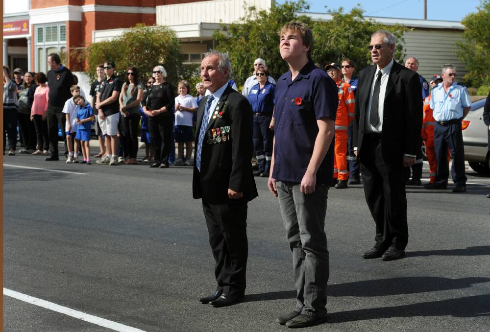 Peter Byrne, Nathan Murphey and Gary Liersch at Minyip Anzac Day march. Nathan was guest speaker. 