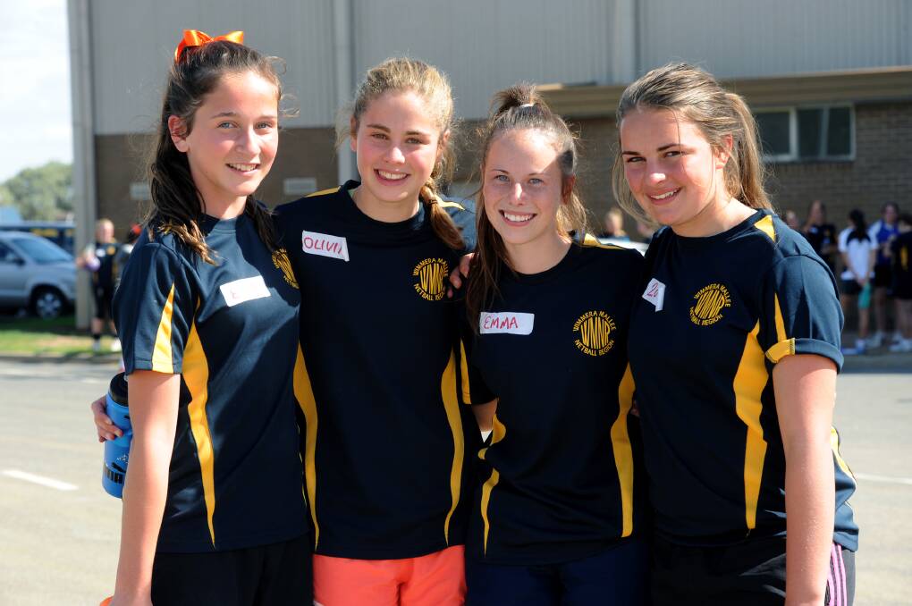 Evie Wallace, Horsham, Olivia Hobbs, Horsham, Emma Schache, Murtoa, and Zoe Cochrane at netball training camp at Donald. Pictures: PAUL CARRACHER