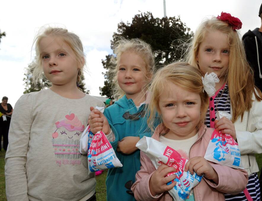 Charlotte Rowan, 7, Ava Rowan, 5, Lyla Rowan, 2, and Georgia Rowan, 7, at Bendigo Bank Good Friday Easter Egg HUnt at Horsham City Oval.
 