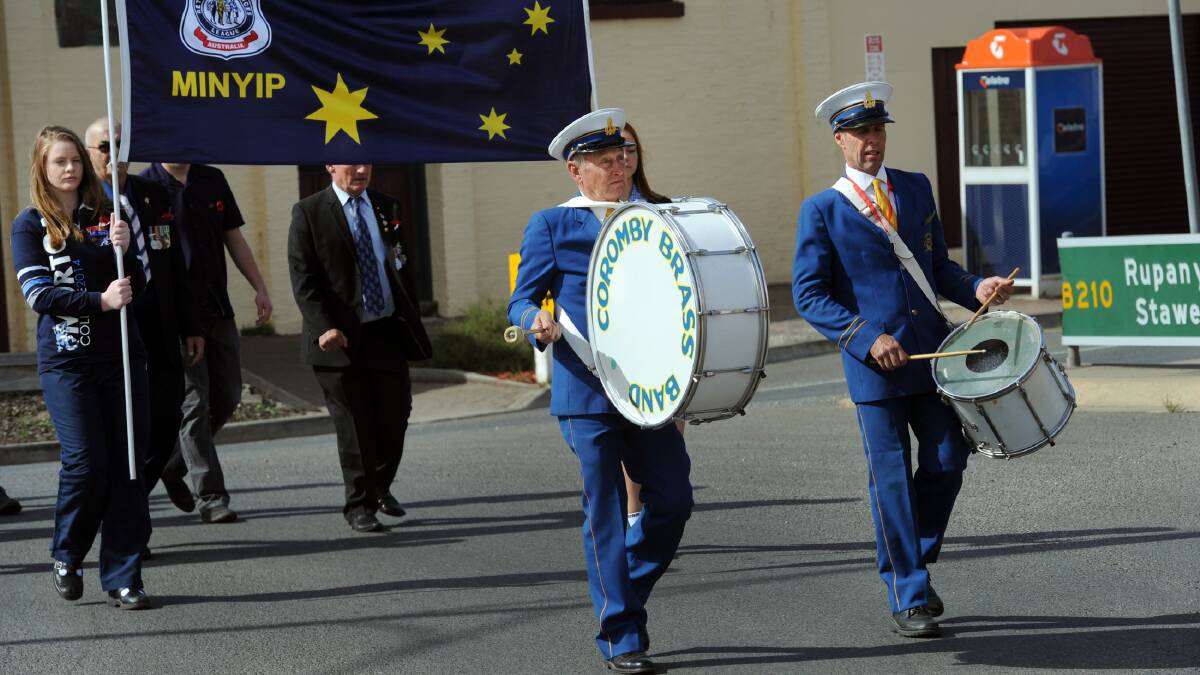 Greame Gellatly and Bruce Koschmann, Coromby Brass Band, lead Minyip Anzac Day march. 