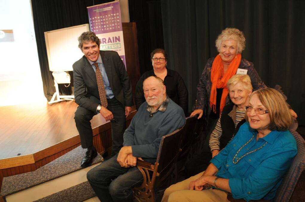 INFORMATIVE: Wimmera residents had the opportunity to learn about dementia and alzheimer's disease at an Alzheimer's Australia forum in Horsham on Monday. Pictured from back are Alzheimer's Australia associate professor Mark Yates, research fellow Maree Farrow and June Rollestone chat with, front, Trevor Butler, Jan Dumesny and Jan Schmidt-Loeliger. Picture: PAUL CARRACHER