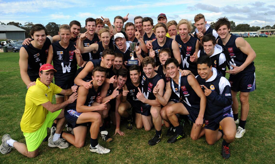 VICTORIOUS: Wimmera's under-18s celebrate their 55-point interleague victory over North Central at Lord Nelson Park, St Arnaud on Sunday. Picture: PAUL CARRACHER