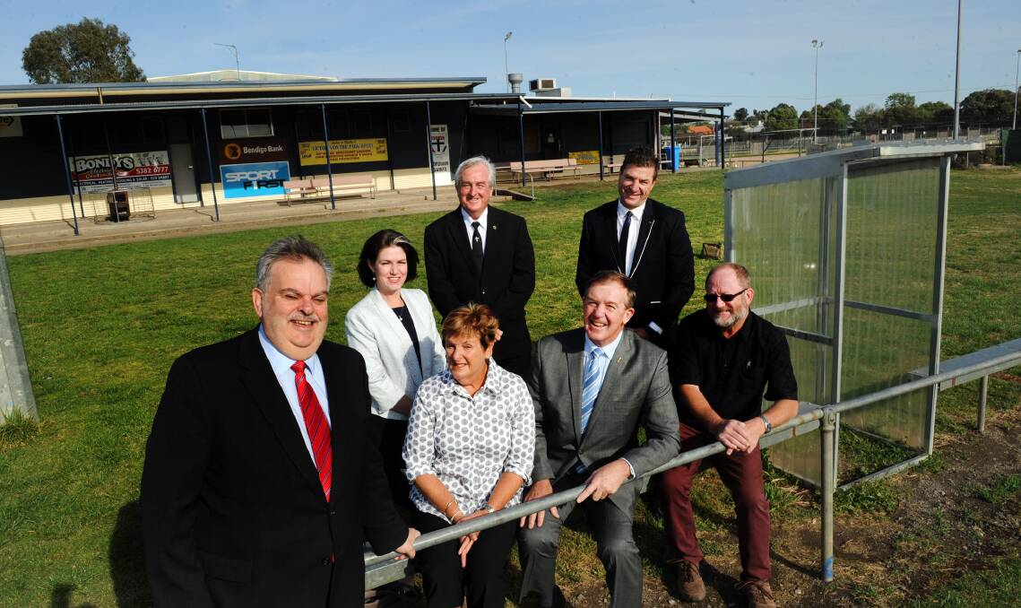 UPGRADE: Coughlin Park Management Committee chairman Brendan Ryan, Nationals candidate for Lowan Emma Kealy, Coughlin Park Bowling Club president Judy Bryan, Father Peter Hudson, Member for Lowan Hugh Delahunty, Horsham Saints Football Club president Roger Sordello and Horsham Saints Cricket Club president Tim Lannen. Coughlin Park's amenities are set for a $1.46-million upgrade. Picture: PAUL CARRACHER