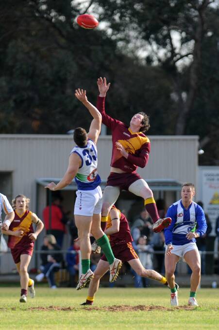 TALL TARGET: Ryan Richardson, left, kicked three goals for Kaniva-Leeor United at the weekend. Picture: SAMANTHA CAMARRI