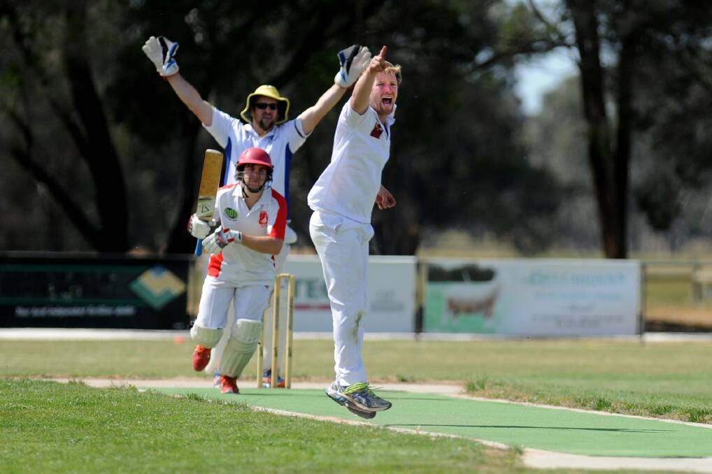 GOT HIM: Laharum bowler Heath MacInnes and wicket keeper Ben Peucker appeal for the wicket of Homers batsman Craig Britten. Britten was given out leg before wicket, but the Pigeons narrowly edged out the Mountain Men to claim the points. Picture: SAMANTHA CAMARRI