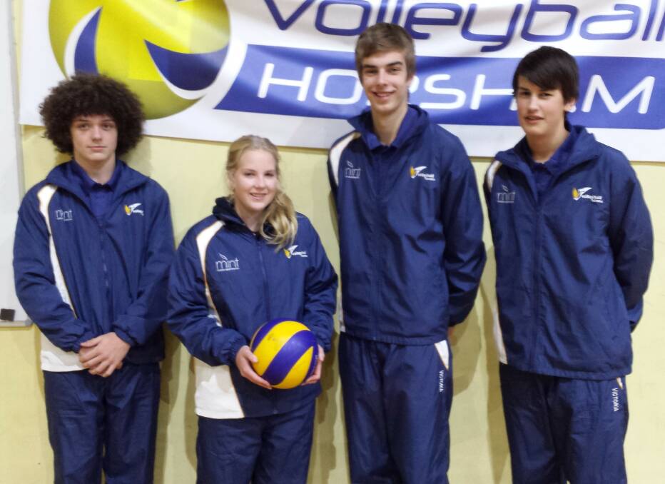 OFF TO CANBERRA: Aaron Evans, Kaylee Schmidt, Fergus Schier and Tom Petering are ready to play in Victorian representative teams at the Australian Junior Volleyball Championships this week. Picture: CONTRIBUTED