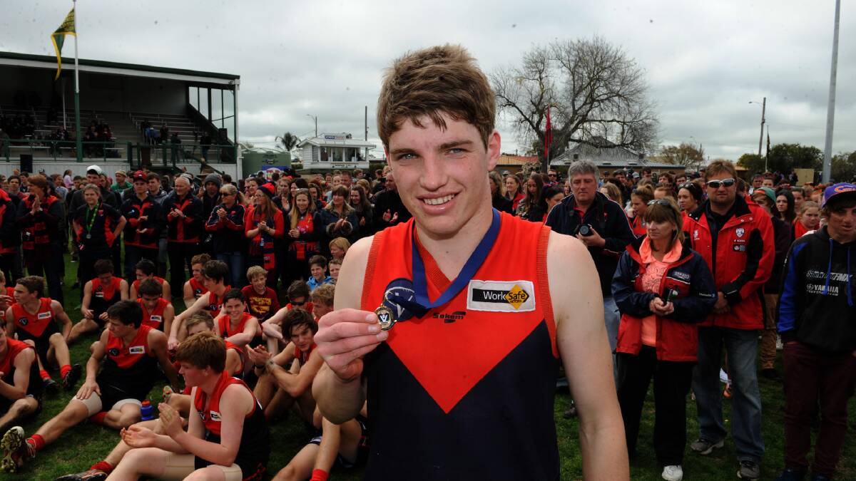STEPPING UP: Tom Crawford, pictured after last year's under-17 grand final, was best on ground for the Laharum seniors on Saturday. Picture: PAUL CARRACHER