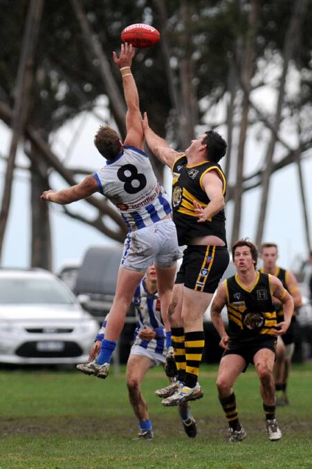 UP THERE: Harrow-Balmoral ruckman Mick Phelan excelled again for his side at the weekend against Edenhope-Apsley. Picture: SAMANTHA CAMARRI
