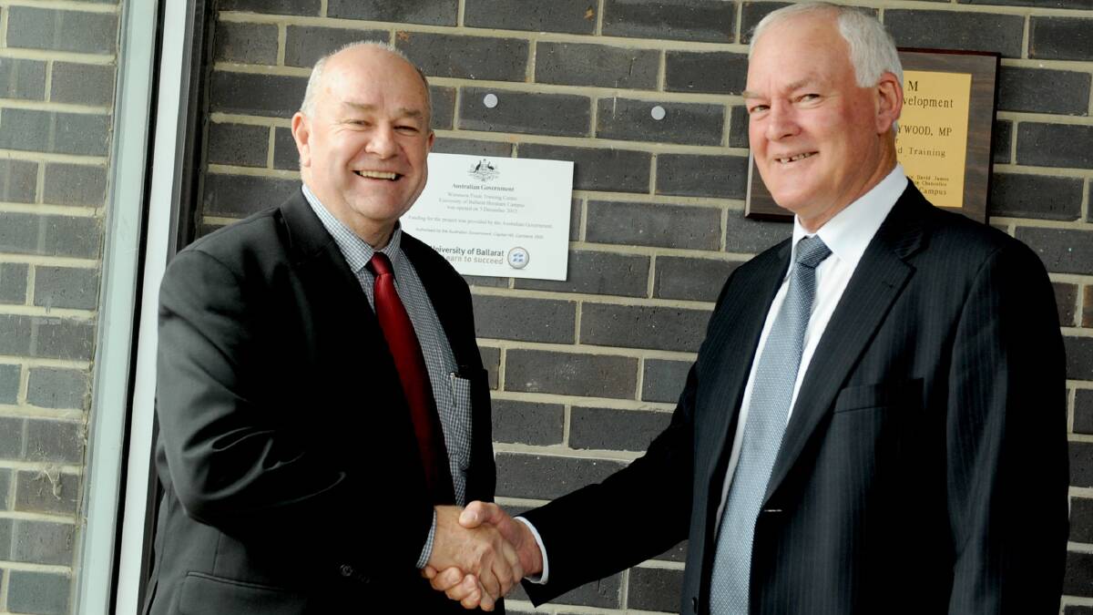 OFFICIAL OPENING: University of Ballarat vice-chancellor David
Battersby and Grampians assistant regional director Peter Henry open
the university’s Wimmera Trade Training Centre site. Picture: SAMANTHA CAMARRI