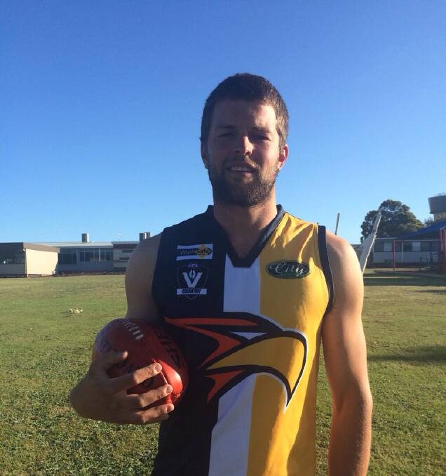 Four-time Horsham premiership forward tries on his new colours. Picture: JUSTINE McCULLAGH-BEASY