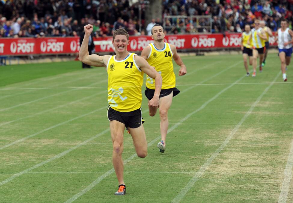 HOME TOWN HERO: Stawell's Ash Cowen saluted in the 1600-metre Stawell Gift Hall of Fame Backmarkers’ Handicap on Saturday at Central Park. Picture: PAUL CARRACHER